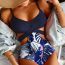 Fashion Navy Blue-leaves Polyester Printed Hollow One-piece Swimsuit