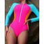 Fashion Blue Polyester Contrasting Long-sleeve One-piece Swimsuit