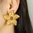 Fashion Gold Titanium Steel Diamond Tiger Eye Flower Stud Earrings