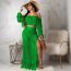 Fashion Green Polyester Mesh Fringed Top Slit Skirt Suit