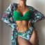 Fashion Green Nylon Floral Split Swimsuit Bikini Cover-up Three-piece Set