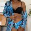 Fashion Light Blue Nylon Floral Split Swimsuit Bikini Cover-up Three-piece Set