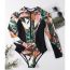 Fashion Big Green Flower Polyester Printed Long-sleeve One-piece Swimsuit