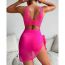 Fashion Rose Red Polyester Vertical Pattern Hollow One-piece Swimsuit Beach Skirt Set