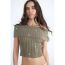 Fashion Green Jeweled Beaded Knitted Off-shoulder Top