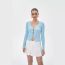 Fashion Blue V-neck Buttoned Openwork Knitted Cardigan