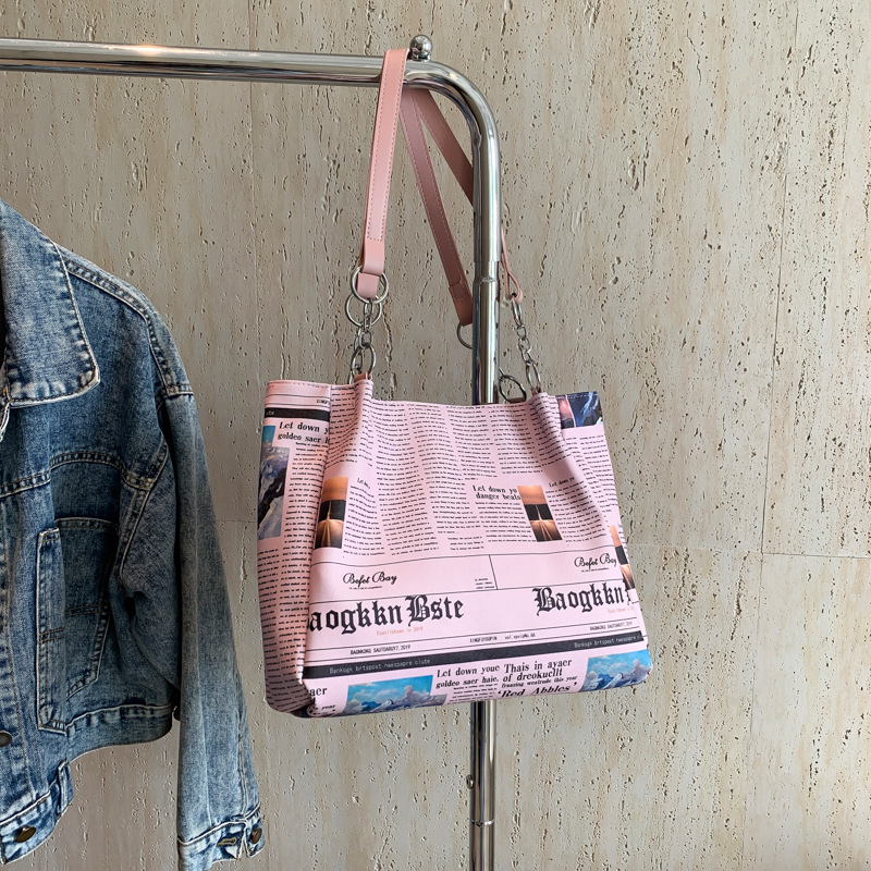 Fashion Pink Pu Large Capacity Newspaper Shoulder Bag