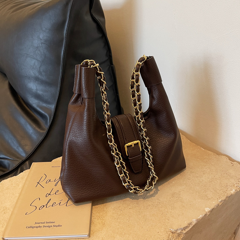 Fashion Khaki Pu Belt Buckle Large Capacity Shoulder Bag