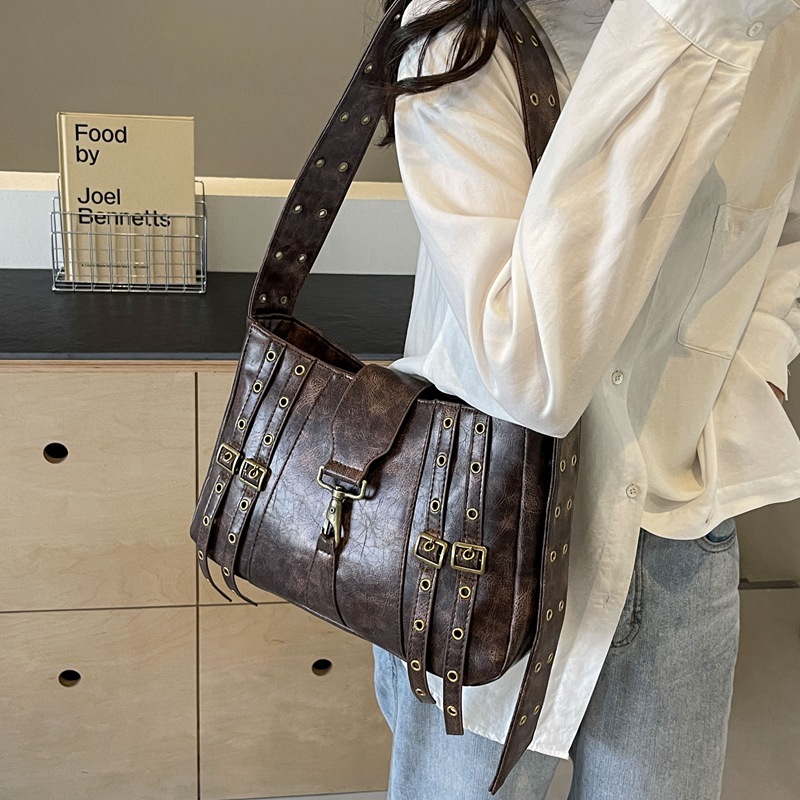 Fashion Brown Pu Belt Buckle Large Capacity Shoulder Bag