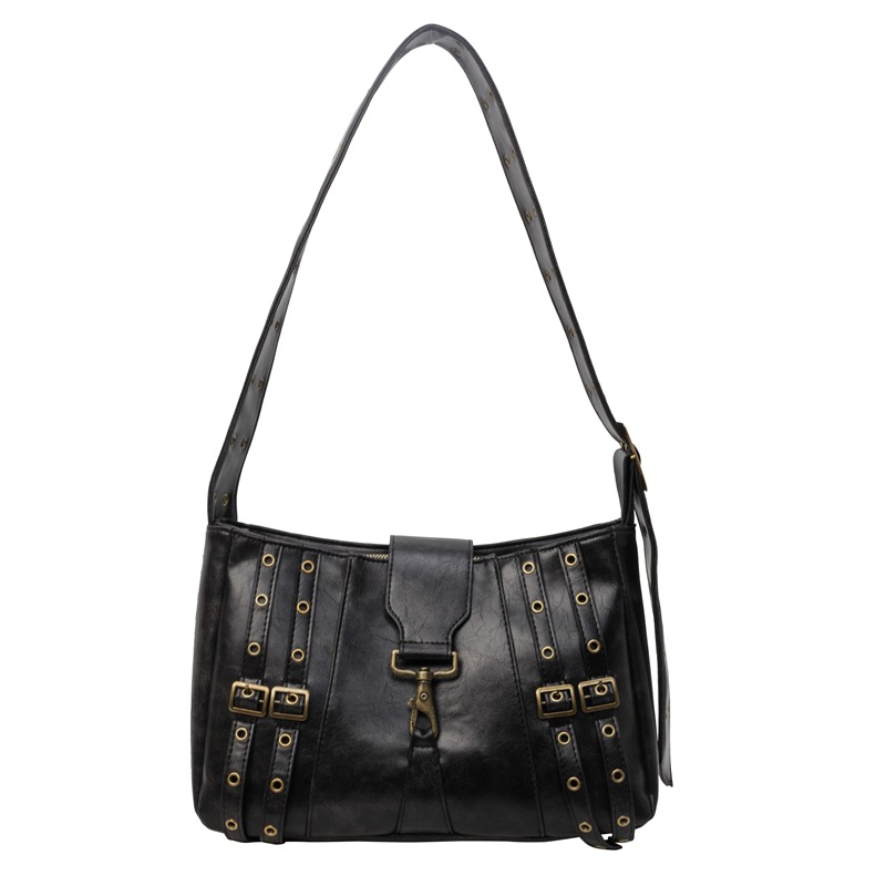 Fashion Black Pu Belt Buckle Large Capacity Shoulder Bag
