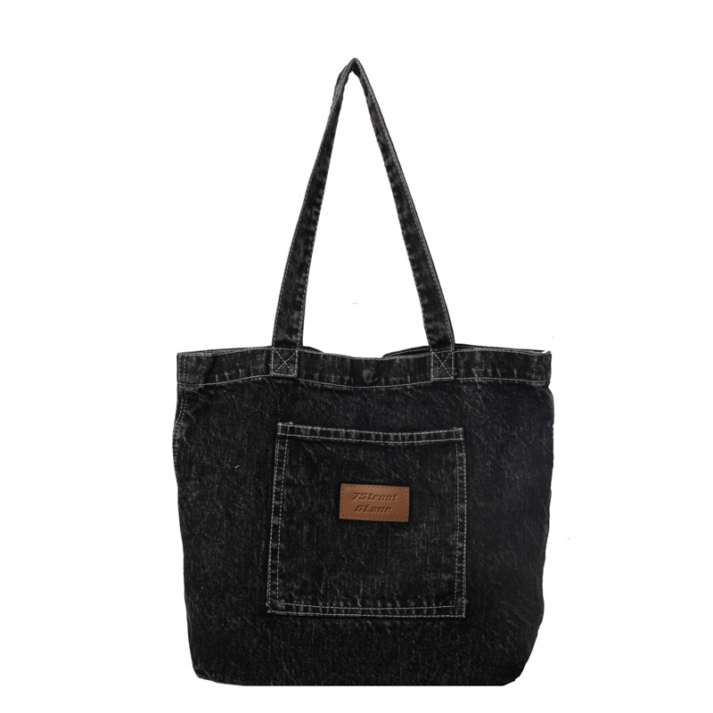 Fashion Black Washed Denim Large Capacity Shoulder Bag
