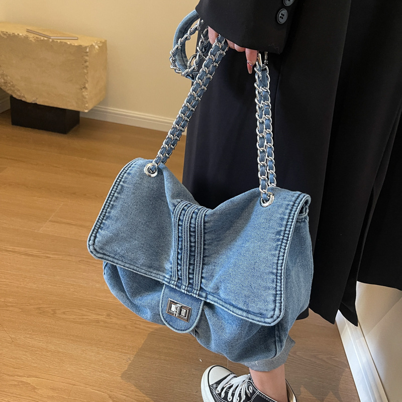 Fashion Navy Blue Denim Flap Shoulder Bag