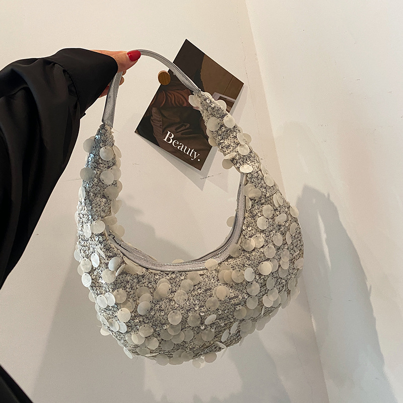 Fashion White Sequin Hand-held Crescent Bag