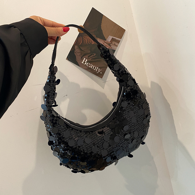 Fashion Black Sequin Hand-held Crescent Bag