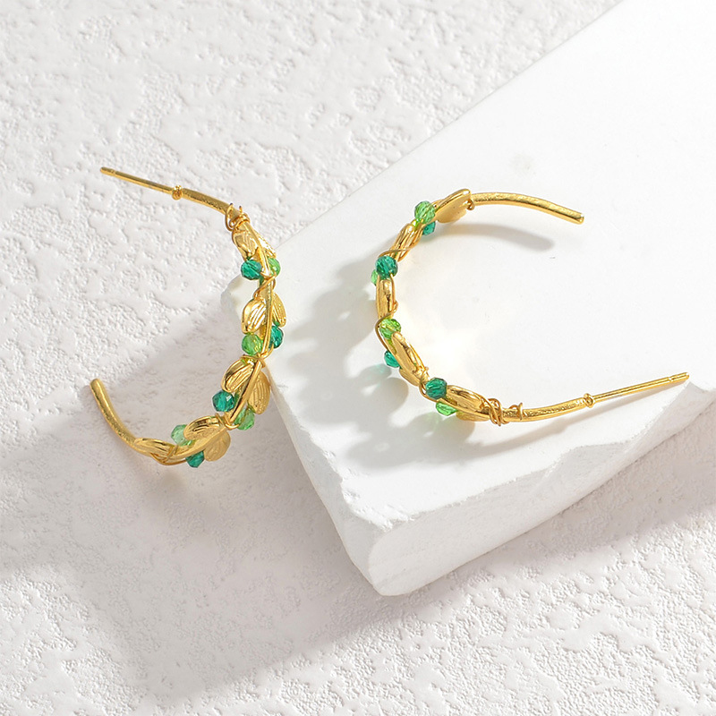 Fashion Gold Stainless Steel Geometric Leaf C-shaped Earrings