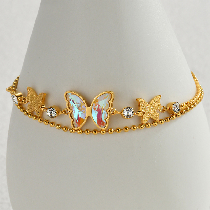 Fashion Gold Stainless Steel Butterfly Double Layer Bracelet