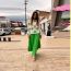 Fashion Blue Pleated Suit Polyester Printed Puff Sleeve Top And Pleated Skirt Suit