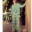 Fashion Turquoise Polyester Printed Long-sleeved Shirt Slit Wide-leg Pants Suit