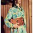 Fashion Turquoise Polyester Printed Long-sleeved Shirt Slit Wide-leg Pants Suit