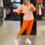 Fashion Orange Patchwork Suit Cotton And Linen Printed Top High-waisted Cropped Pants Suit