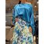 Fashion Blue Top + Printed Skirt Suit Polyester Long Sleeve Top High Waist Printed Skirt Suit