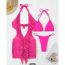 Fashion Rose Red Polyester Lace-up Halterneck Split Swimsuit Bikini Mesh Ruffle Overskirt Three-piece Set