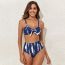 Fashion Navy Blue Polyester Printed Halter Neck Split Swimsuit Bikini Three-piece Set