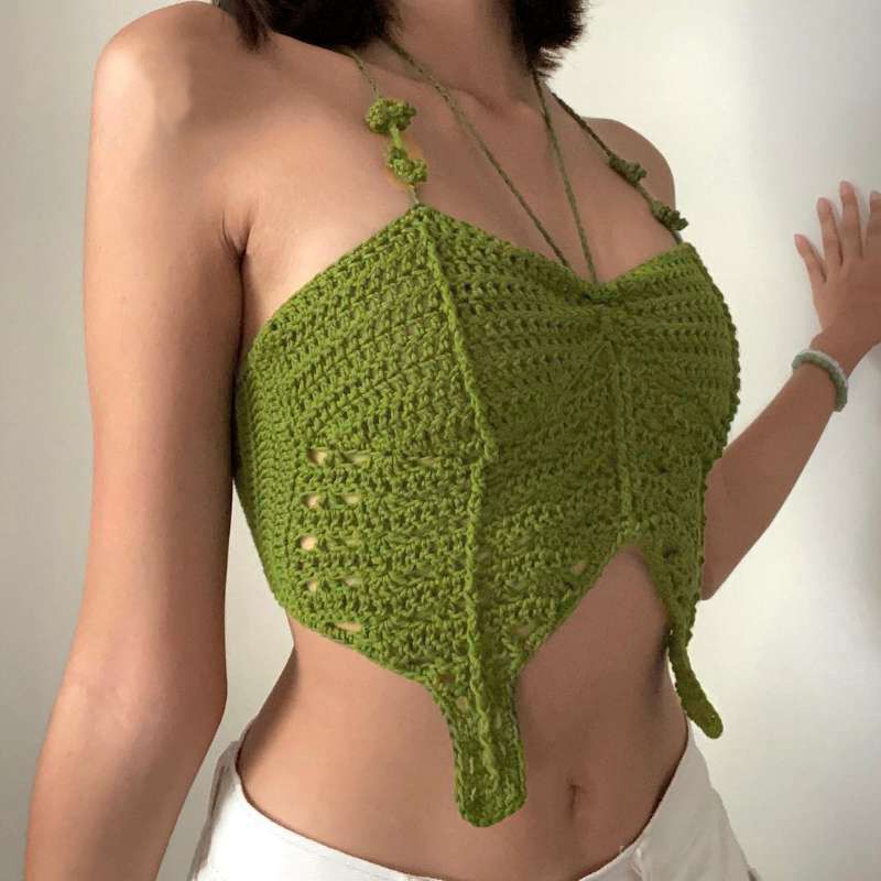 Fashion Green Polyester Halterneck Knitted Camisole