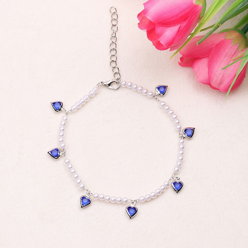 Fashion Blue Love-anklet Resin Three-dimensional Love Pearl Beaded Anklet