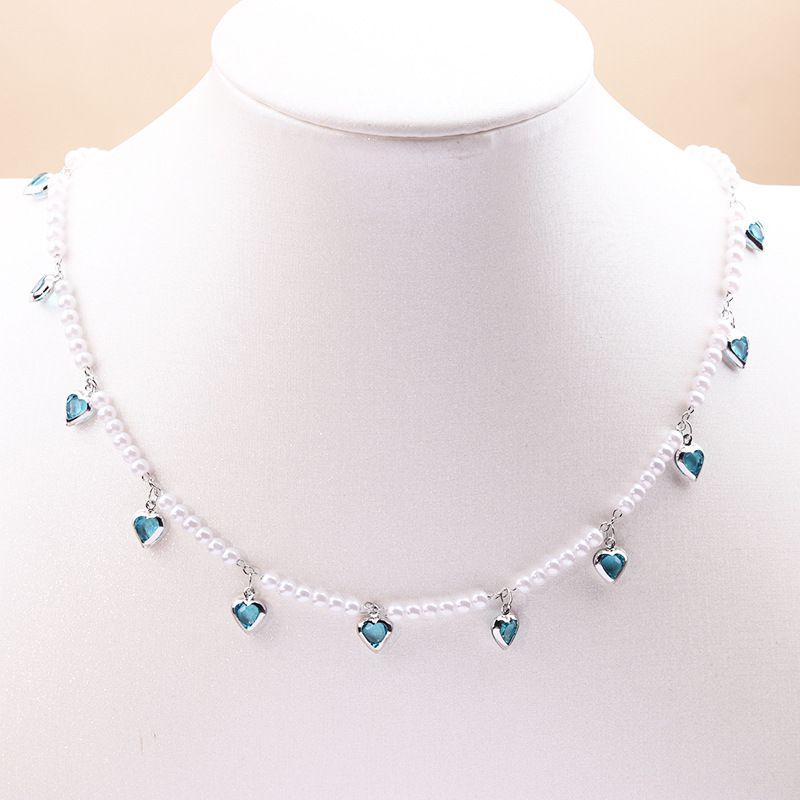 Fashion Blue Love-necklace Resin Three-dimensional Love Pearl Bead Necklace