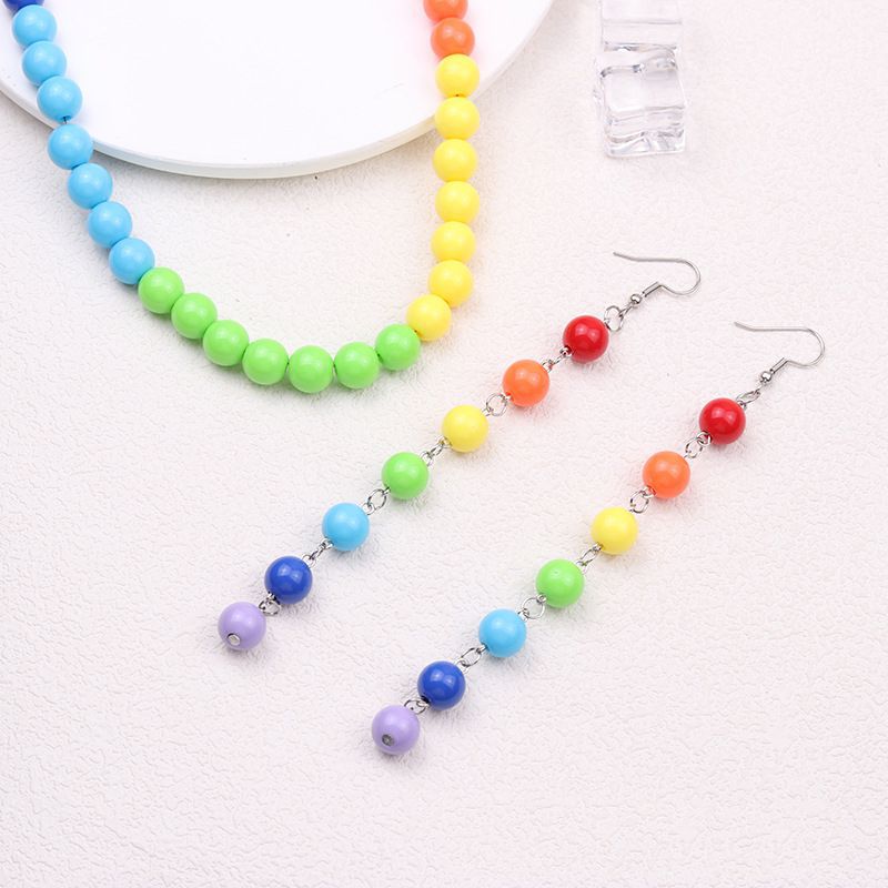 Fashion Summer Bead String Set Acrylic Colorful Beaded Necklace And Earrings Set