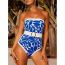 Fashion Blue Polyester Printed One-piece Swimsuit Cover-up Set