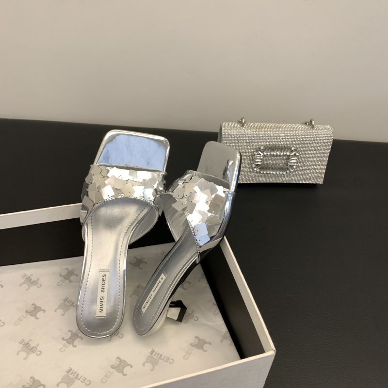 Fashion Silver Sequined Mid-heeled Slippers