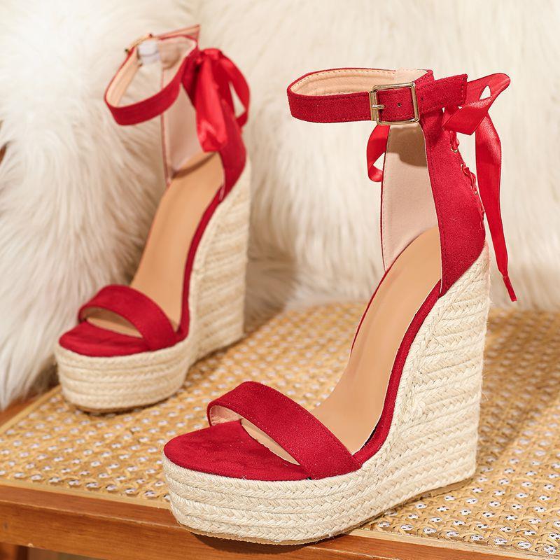 Fashion Red Rope Braided High-heeled Strappy Sandals