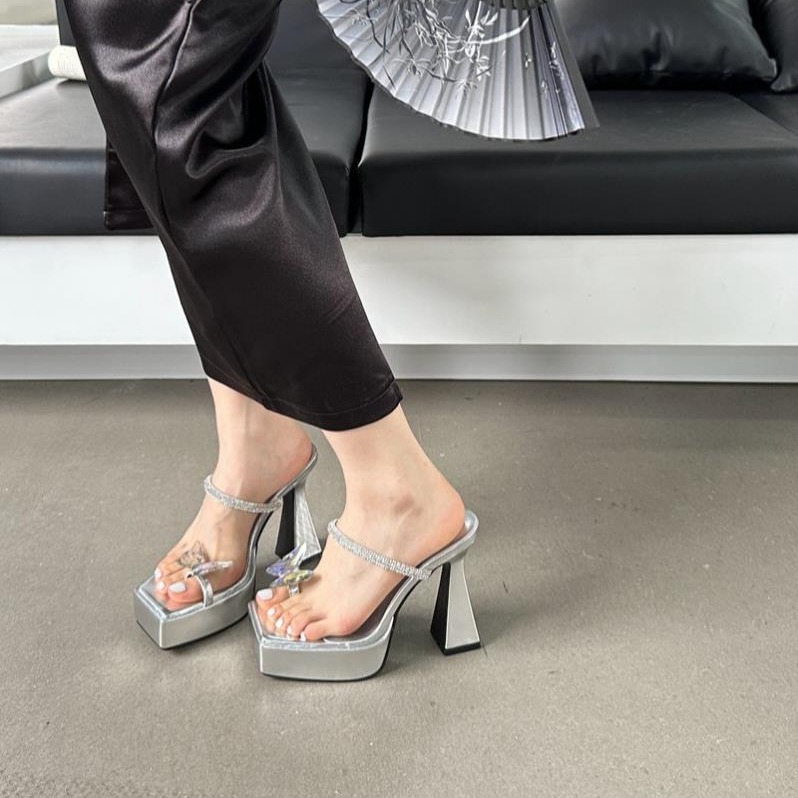 Fashion Silver High Heel Block Toe Sandals