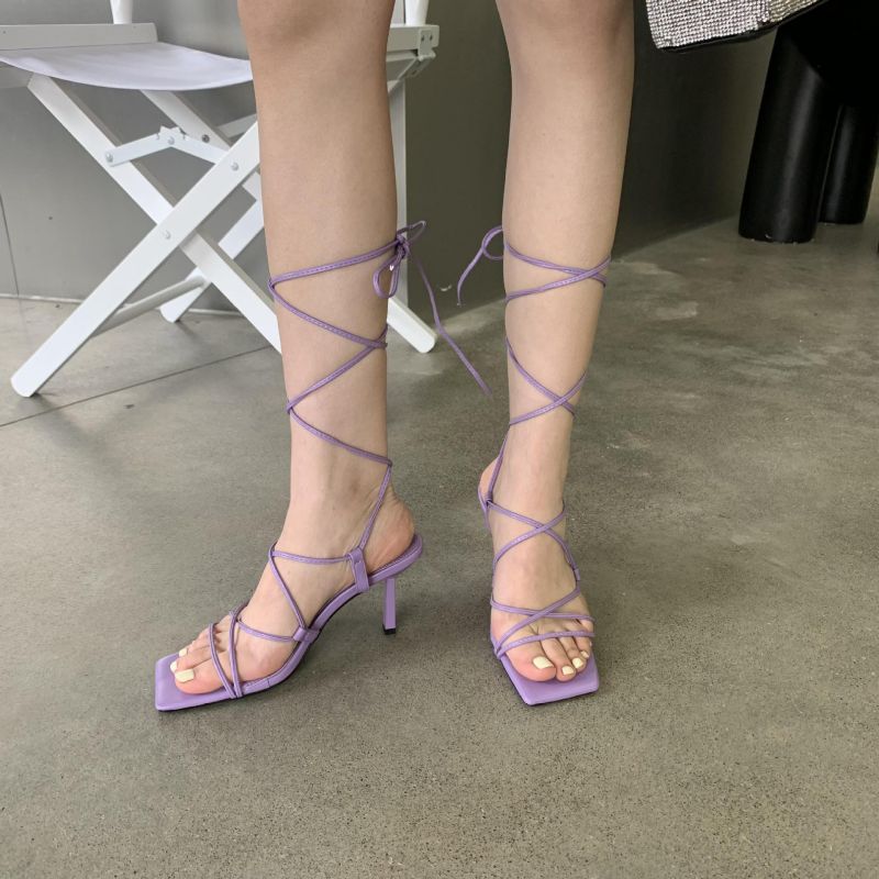 Fashion Pink Strap Square Toe Cross Open Toe High Heel Sandals