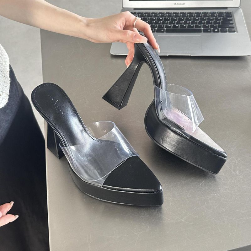 Fashion Black Pointed Toe Platform Slippers With Thick Soles