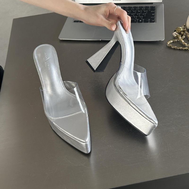 Fashion Silver Pointed Toe Platform Slippers With Thick Soles