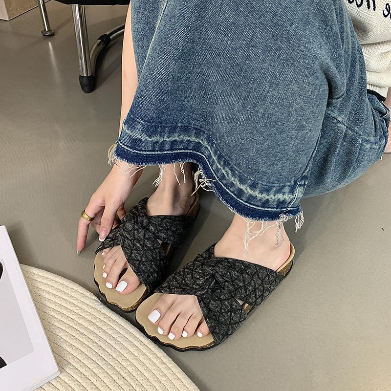 Fashion Dark Green Thick-soled Color-blocked Flat Slippers