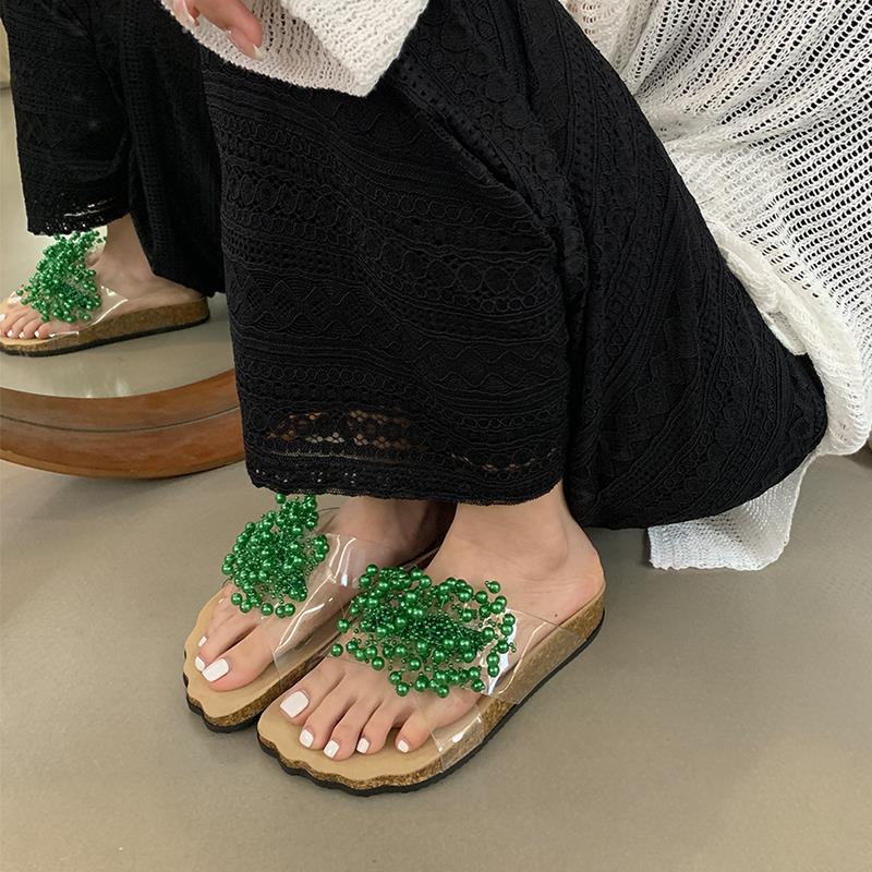 Fashion Green Pu Beaded Slippers