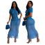 Fashion Blue Gradient Knit Fringed Long Skirt
