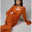 Fashion Orange Color Chiffon Printed Pleated Long Skirt