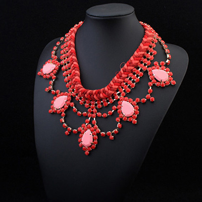 Trendy Red Water Drop Shape Decorated Weave Design Alloy Bib Necklaces