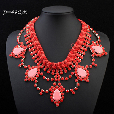 Trendy Red Water Drop Shape Decorated Weave Design Alloy Bib Necklaces