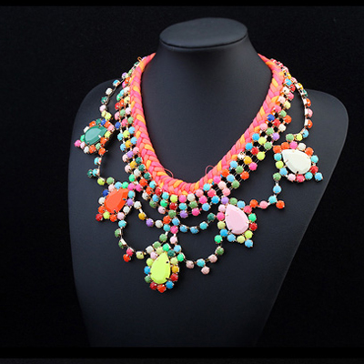 Trendy Multicolor Water Drop Shape Decorated Weave Design Alloy Bib Necklaces