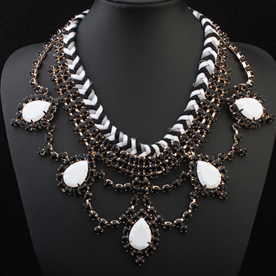 Trendy Black+white Water Drop Shape Decorated Weave Design Alloy Bib Necklaces