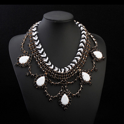 Trendy Black+white Water Drop Shape Decorated Weave Design Alloy Bib Necklaces