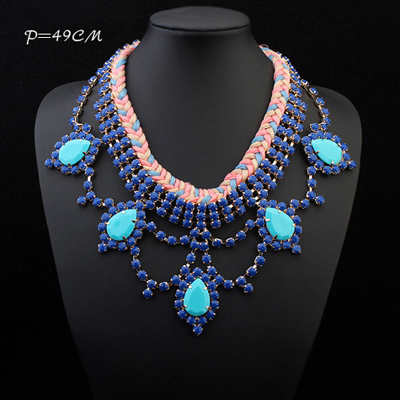 Trendy Blue Water Drop Shape Decorated Weave Design Alloy Bib Necklaces