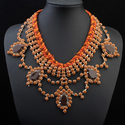 Trendy Orange Water Drop Shape Decorated Weave Design Alloy Bib Necklaces
