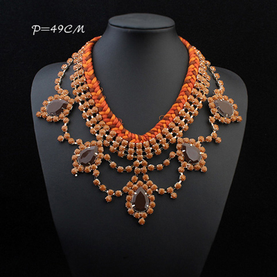 Trendy Orange Water Drop Shape Decorated Weave Design Alloy Bib Necklaces